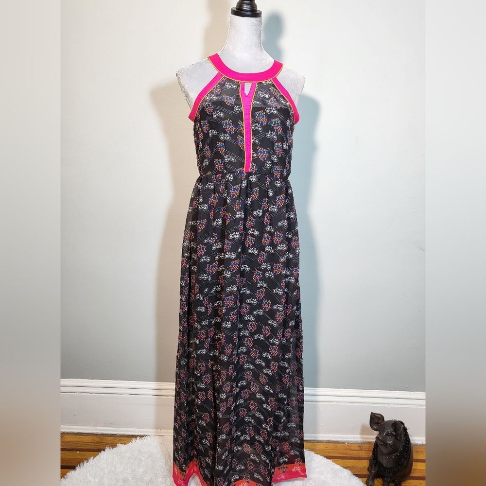 🌜 Bike Print Maxi Dress Sheer Overlay Slit detail GLOBAL DESI NWT Size S